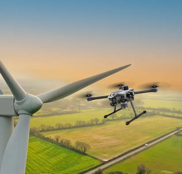 view from height included sky, towers, tanks, tree, road and cyberone drone