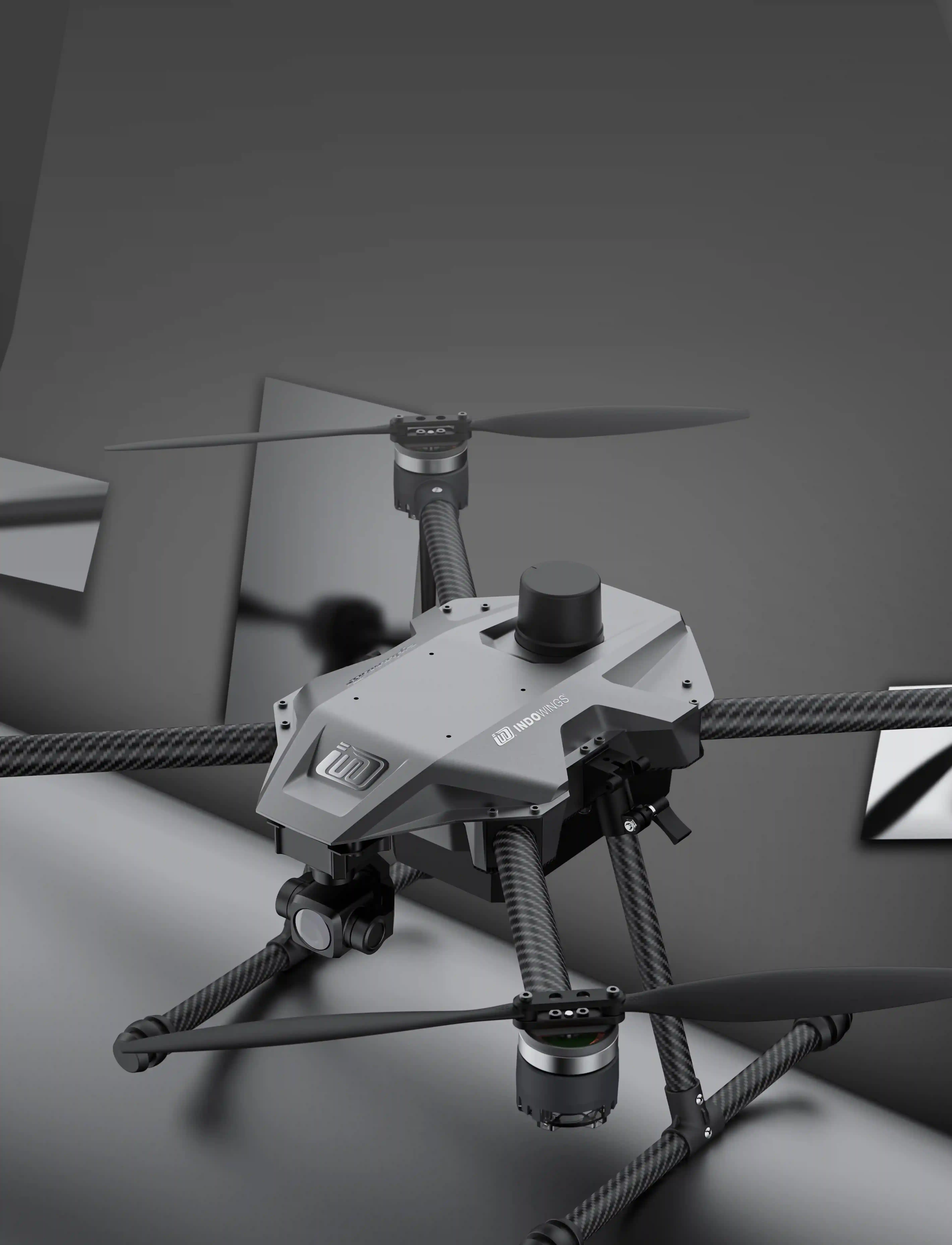 Red and black colored drone is on the red podium with full red colored background