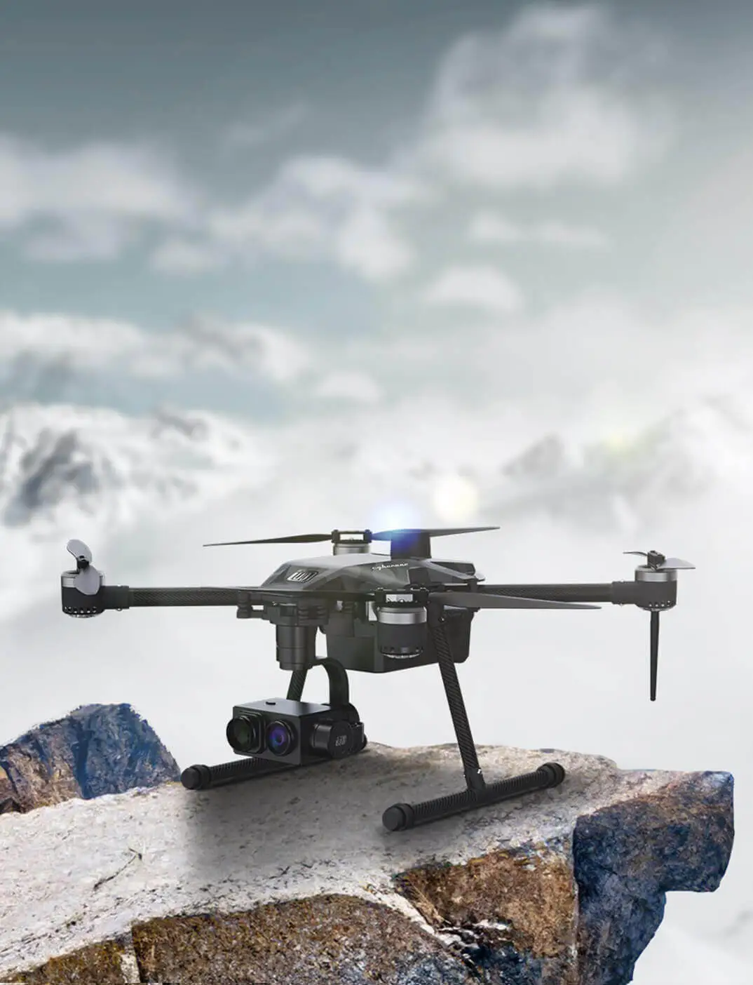 Black and white s-series agricultural drone is on
                  stone with blurred background of farm area