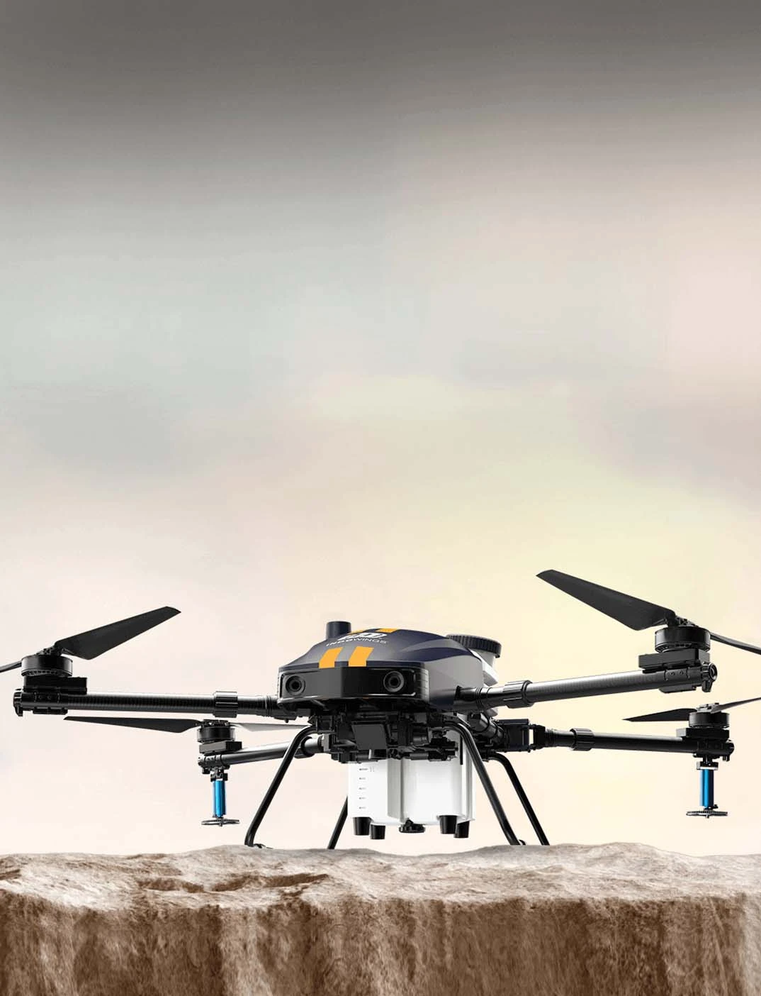 The black coloured drone is on the edge of the
                  terrace with the whole dark black background