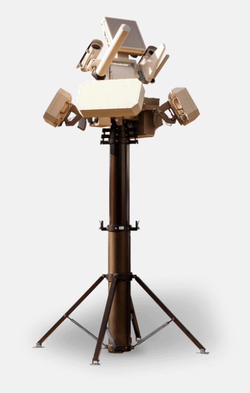 A pillar like with four leg in brown colour with attached three radars with
                     two cameras on this in brown and copper colour.