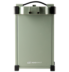 S-series of agricultural drones spraying the water onto the green crops below accompanied by clouds in the sky.