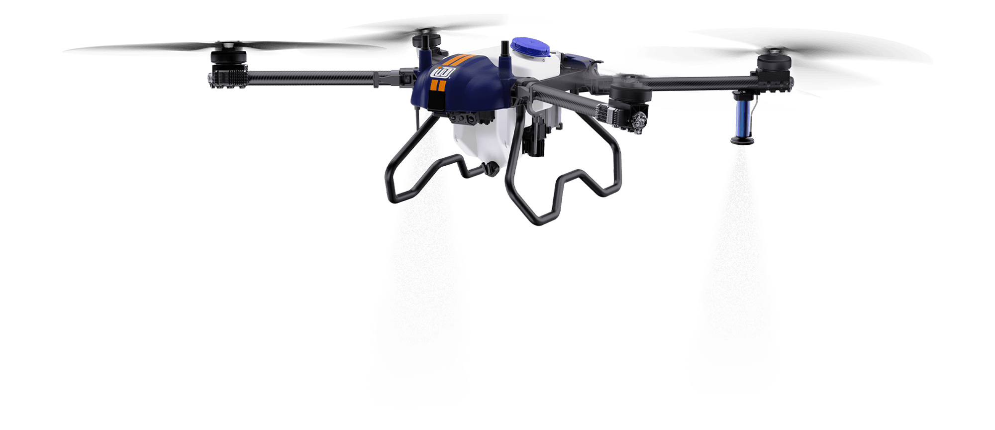Green crops with sky view with e-series of agricultural drone is spraying water onto the crops.
