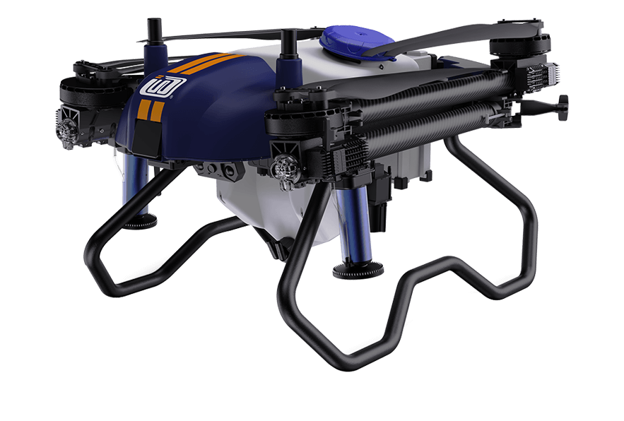 Green crops with sky view with e-series pro of agricultural drone is spraying water onto the crops.